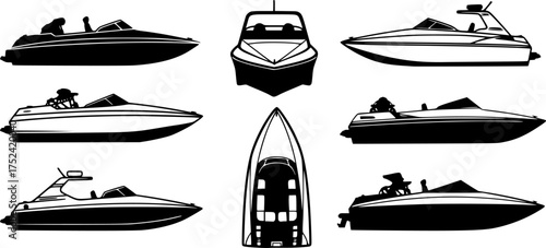 jet boat silhouette icons set side, front, back, and top views vector art illustration
