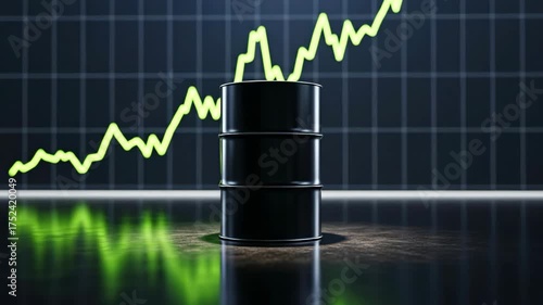 Black oil barrel with stock market chart in background. Oil price increase concept with global economic impact.