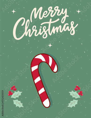 Illustration of red and white candy cane with holly leaves on green background with falling snow and Merry Christmas text. Vector art.