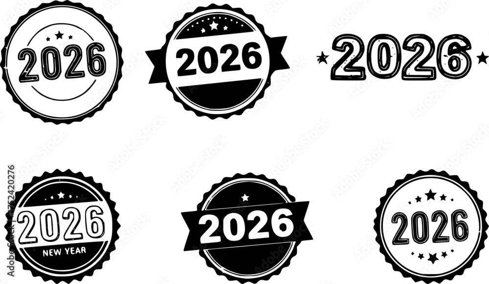 Obraz premium Eight Black and White 2025 Year Stamps and Seals new year, 2026, year, new year, celebration, stamp, seal, badge, emblem, label, sticker, graphic, design, element, icon, symbol, vintage, retro, round
