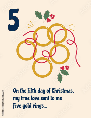 Bright and playful depiction of five gold rings surrounded by holly, representing the fifth day in the traditional Christmas carol. Vector art