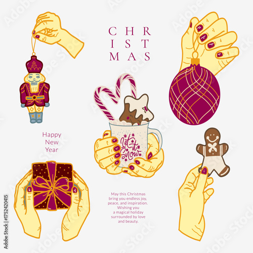 Festive Hands Holding Christmas Holiday Decorations and Treats