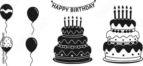 A festive three tiered birthday cake with lit candles and a happy birthday banner perfect for celebrations and invitations
