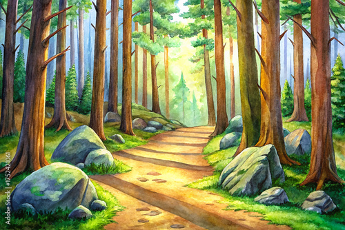 forest glade, tall pines, soft moss, winding path, dappled sunlight, earthy nature, motivational poster
