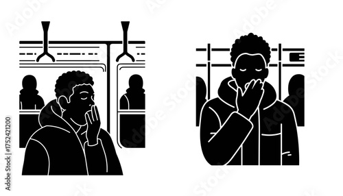 Man yawning in subway train wearing hoodie for urban fatigue illustrations