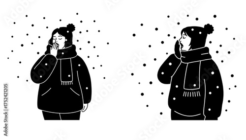 Woman yawning in winter clothes during snowfall for seasonal fatigue concepts