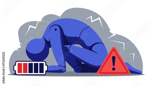 Exhausted figure with low battery icon in blue and red for burnout awareness visuals