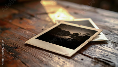 Vintage Monochrome Photograph on a Rustic Wooden Table with Soft Golden Light