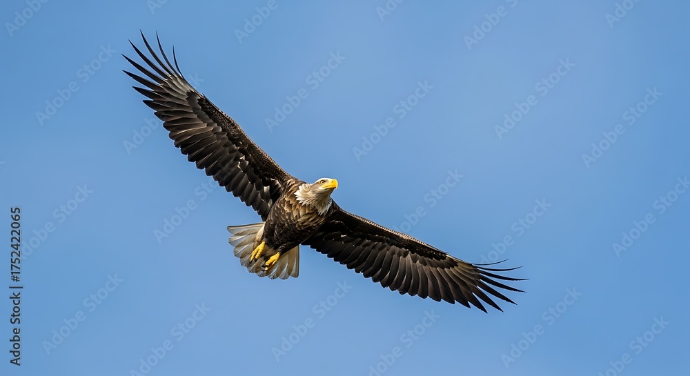 Fototapeta premium Powerful Bald Eagle soaring with wings spread wide against clear blue sky, capturing wild bird freedom and flight in natural habitat