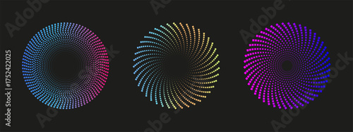 Bundle of round neon sound wave frames. Vibrant dotted oscillations forming abstract equalizer patterns. Vector design for posters, covers, or modern music backgrounds.