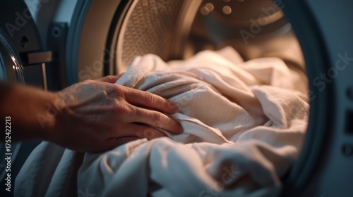 Person's Hand Checking White Laundry in Drying Machine at Home Interior