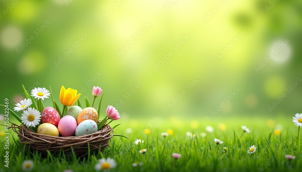 Fototapeta premium Easter basket with colorful eggs and flowers on green grass 