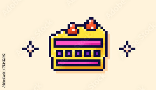 Pixel art cake with berries on top and two simple stars around it.