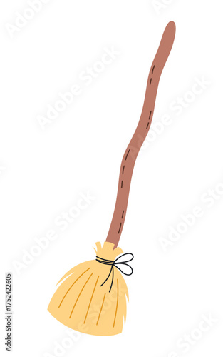 Cute broom with a bow. Old style broom with wooden broomstick. Witch’s magic equipment or traditional cleaning tool theme. Vector illustration in flat style isolated on white background.