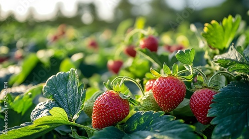 Strawberry plants with ripe red fruit and green leaves in a field.