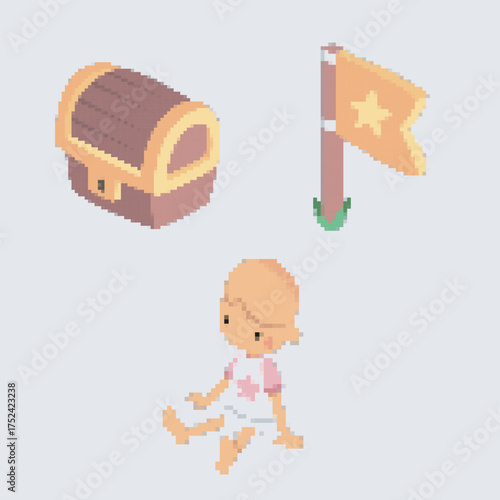 treasure, flag, and baby cartoon pixel art. vector illustrations