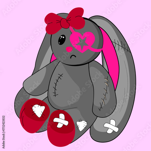 A vector illustration of a plush bunny toy in a "creepy cute" or "gothic lolita" style.. Halloween styles., horror, mystery , emo ,Vector charming yet melancholic "creepy cute" plush bunny doll 