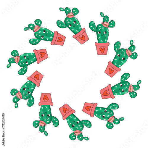 Cactus character frame with hearts. Round  border with funny plant in flowerpot. Groovy style object on a white background with copy space. Green, pink, red colors. Vector design for valentine's day