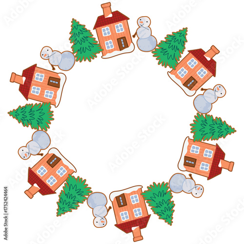 Winter frame with houses, snowmen and spruse trees. Round shape border with cartoon objects on a white background, with copy space. Green, brown, red, blue colors. Vector design for winter season.