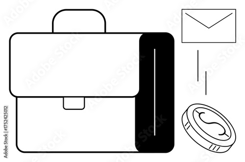 Briefcase, coin with dollar sign, and envelope symbolize work, finance, and communication. Ideal for business, financial planning, entrepreneurship, email marketing job applications productivity