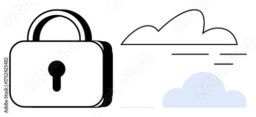 Lock symbolizing security beside abstract clouds representing cloud technology. Ideal for cybersecurity, cloud storage, data protection, IT systems, privacy, technology innovation, simple flat