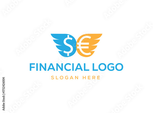 Blue and orange winged dollar and euro symbols with text finance money