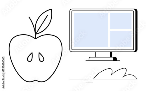 Outline apple with leaf beside a desktop screen displaying sections, surrounded by abstract elements. Ideal for wellness, education, food and technology, balance, productivity, nutrition, innovation