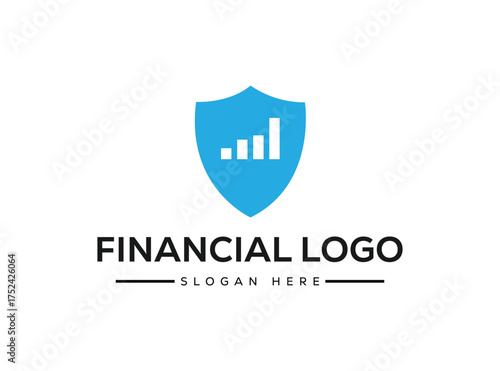 Blue shield with white bar chart graphic and text Financial logo slogan here finance