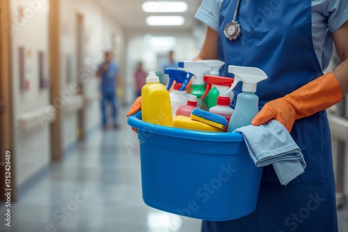 Hospital Cleaning Staff with Sanitizing Supplies Ensuring Hygiene and Disinfection in a Medical Facility