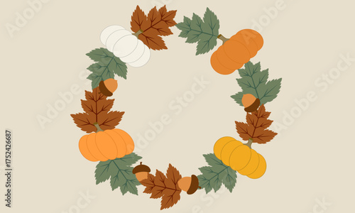  A cozy wreath with pumpkins and leaves. Autumn harvest.