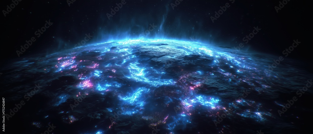 Fototapeta premium Glowing ocean-like surface with a cosmic backdrop.