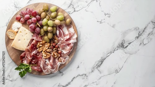 A platter filled with assorted food items for snacking, including meat, cheese, grapes, and nuts