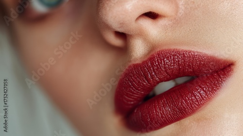 Close-Up of Woman's Lips with Bold Red Lipstick and Soft Natural Makeup