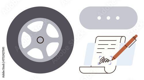 Tire representing transport, digital signature on a document, and thought bubble. Ideal for contract, agreement, repair service, innovation, fleet automation legal. Modern simple flat metaphor