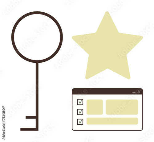 Key, large star, and checklist window symbolizing success, goals, and productivity. Ideal for concepts thumbs up motivation, achievement, planning, organization efficiency leadership