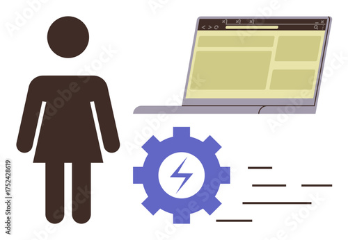 Woman silhouette beside a laptop, a gear with a lightning bolt, and abstract programming lines. Ideal for tech innovation, gender equality, coding, IT education, diversity, empowerment simple flat