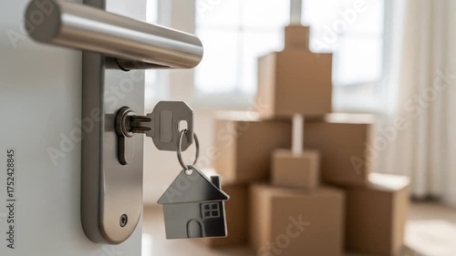 Wallpaper Mural Key in door with house keychain, symbolizing new home, moving boxes, and fresh start in bright interior space Torontodigital.ca