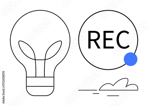 Lightbulb symbolizing innovation, recording icon for media, and cloud for connection. Ideal for environment, sustainability, creativity, media, digital ideas, content creation renewable energy