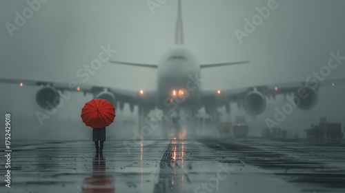 Person with Red Umbrella Standing Before an Airplane in Foggy Weather