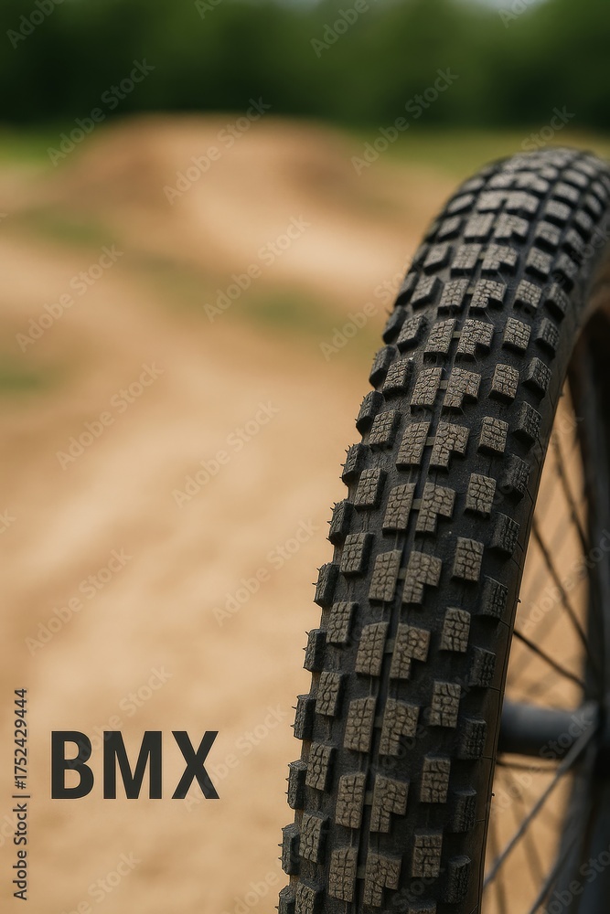 Fototapeta premium Text BMX close-up on bike tire for dirt riding. Background blurred dirt track area.