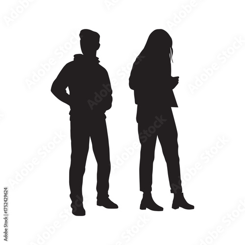 Set of vector silhouettes of men and women standing together in a group representing business professionals and teamwork. Black color isolated on a white background showing unity collaboration and lea