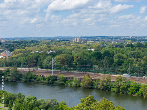 Aerial shot along the Schuylkill River in Philadelphia Pennsylvania USA