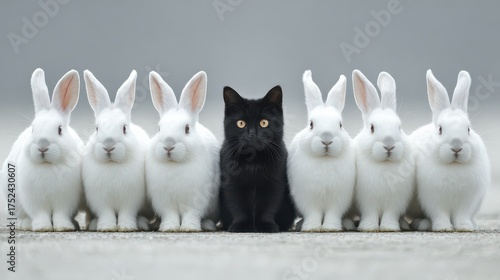 Black cat stands out among a group of white rabbits in a peaceful outdoor setting