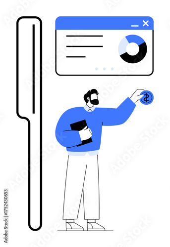 Man holding folder, pointing at dollar coin with window showing data chart. Ideal for finance, business strategy, data presentation, investment planning, analysis, economy, simple flat metaphor