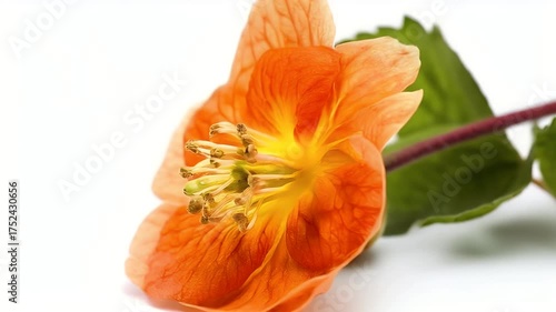 Bright orange flower with yellow core and veined petals on white.