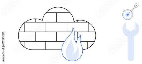 Brick cloud with fire icon, bullseye with arrow, and wrench. Ideal for cybersecurity, cloud protection, network defense, IT solutions, optimization, data safety simple flat metaphor