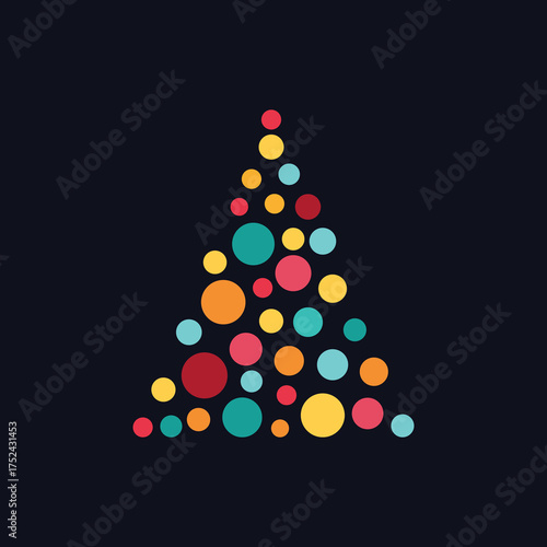 Modern Minimalist Christmas Tree Made of Colorful Circles on Dark Background