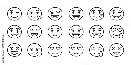 Set of smiling emoji face outline icons vector
