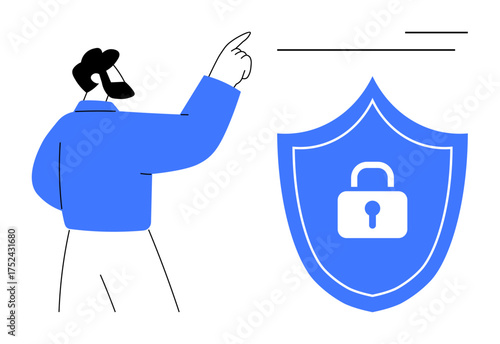 Person gesturing towards a shield with a lock icon, symbolizing cybersecurity. Ideal for themes thumbs up privacy, safety, secure data, online protection, encryption, trust and compliance. Simple