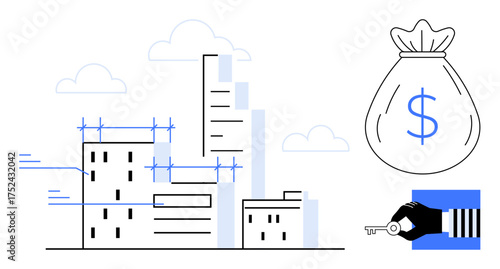 Urban building construction surrounded by clouds, money bag symbolizing investment, and hand holding a key. Ideal for real estate, finance, construction, ownership, investment, business economic